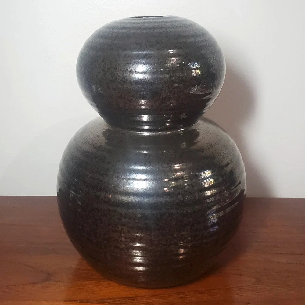 West Elm‎ Ceramic Black Vase Modern Design Bulbous Rounded Shape Narrow Opening
